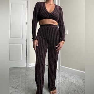 Elegant Black and Purple Long Sleeve With Pants Women's Two Piece Outfit